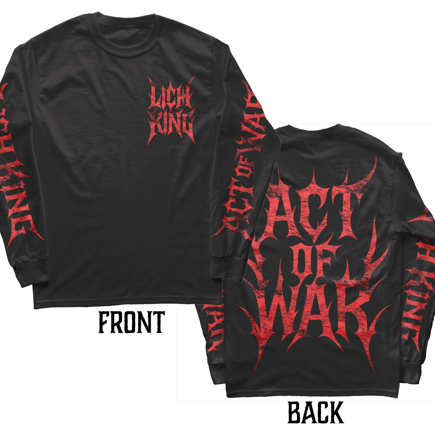 Black long-sleeve shirt with red text on front and back, featuring 'Lich King' and 'Act of War'.