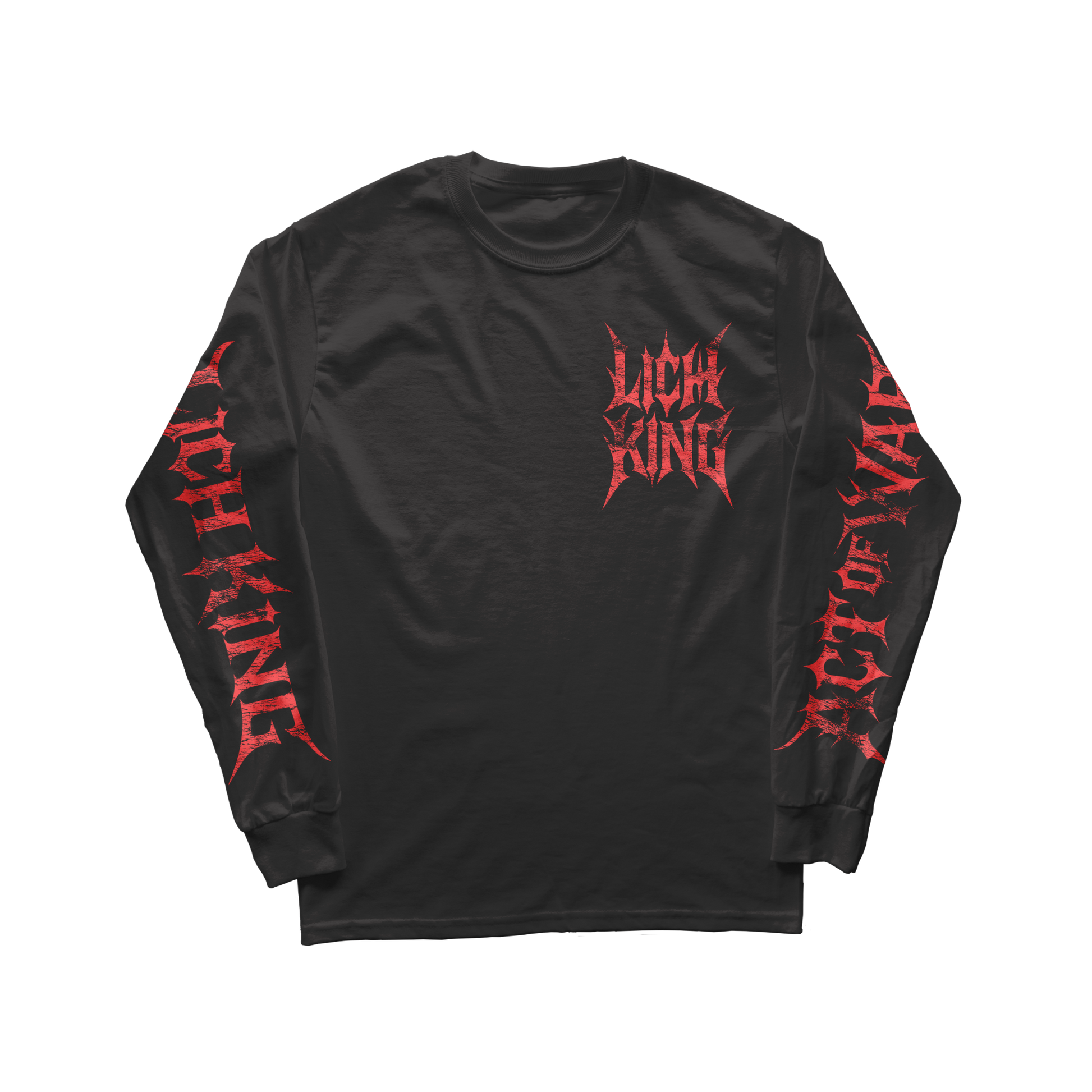 Black long-sleeve shirt with red text on a white background