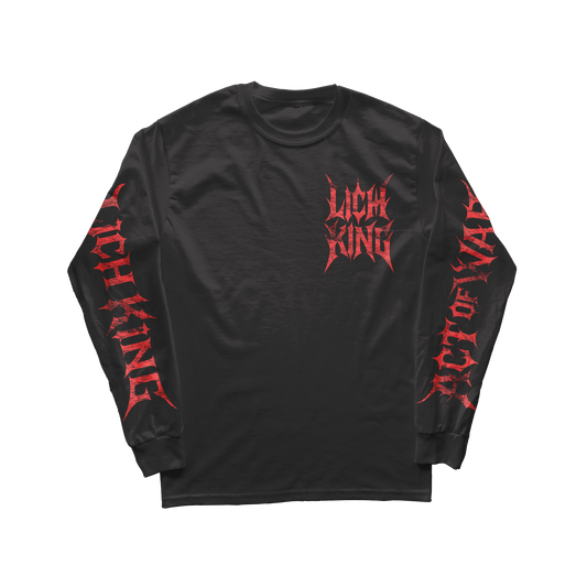 Black long-sleeve shirt with red text on a white background