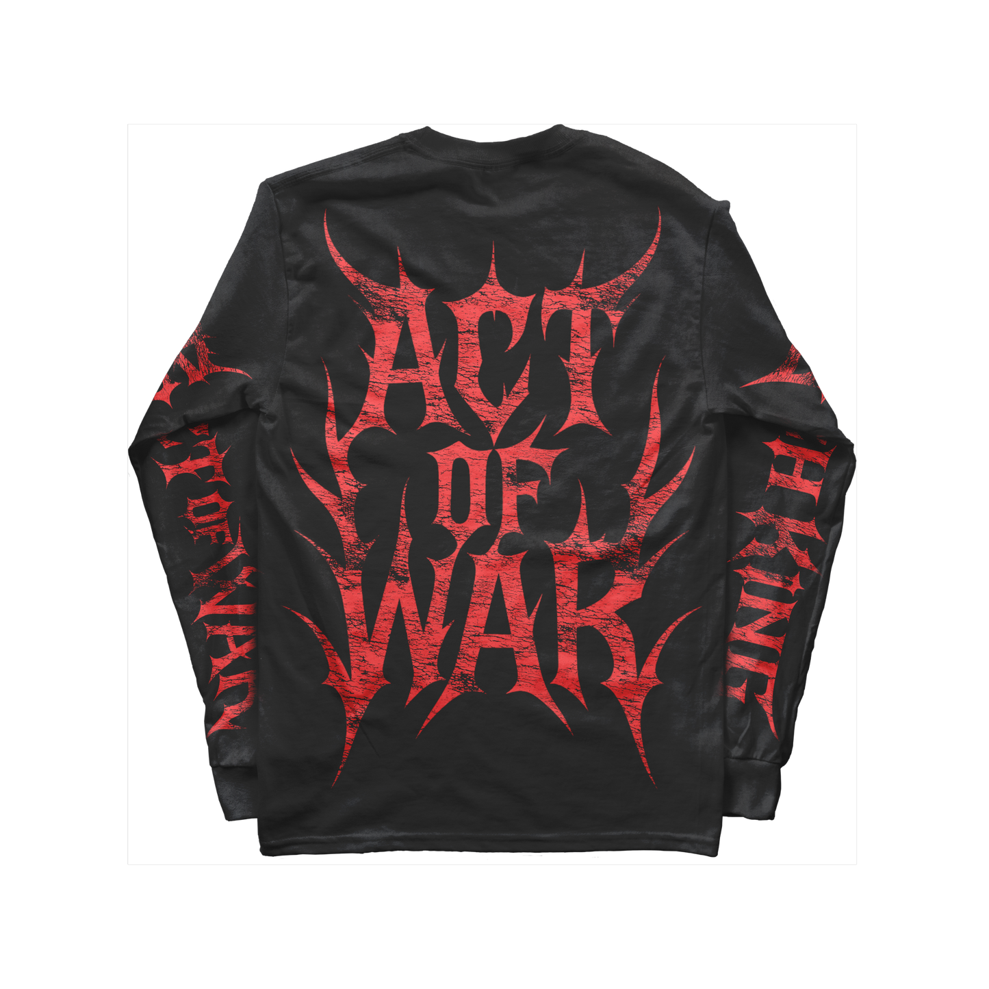 Black long-sleeve shirt with red 'Act of War' design on a white background