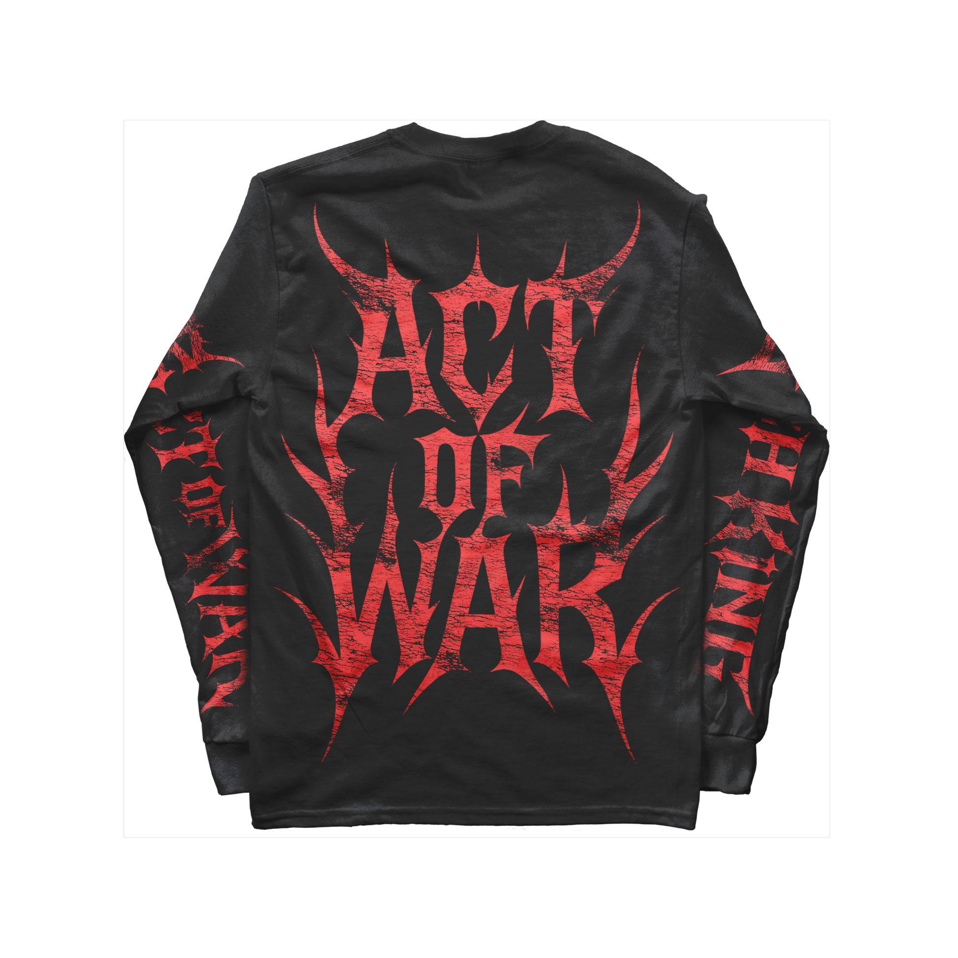 Black long-sleeve shirt with red 'Act of War' design on a white background